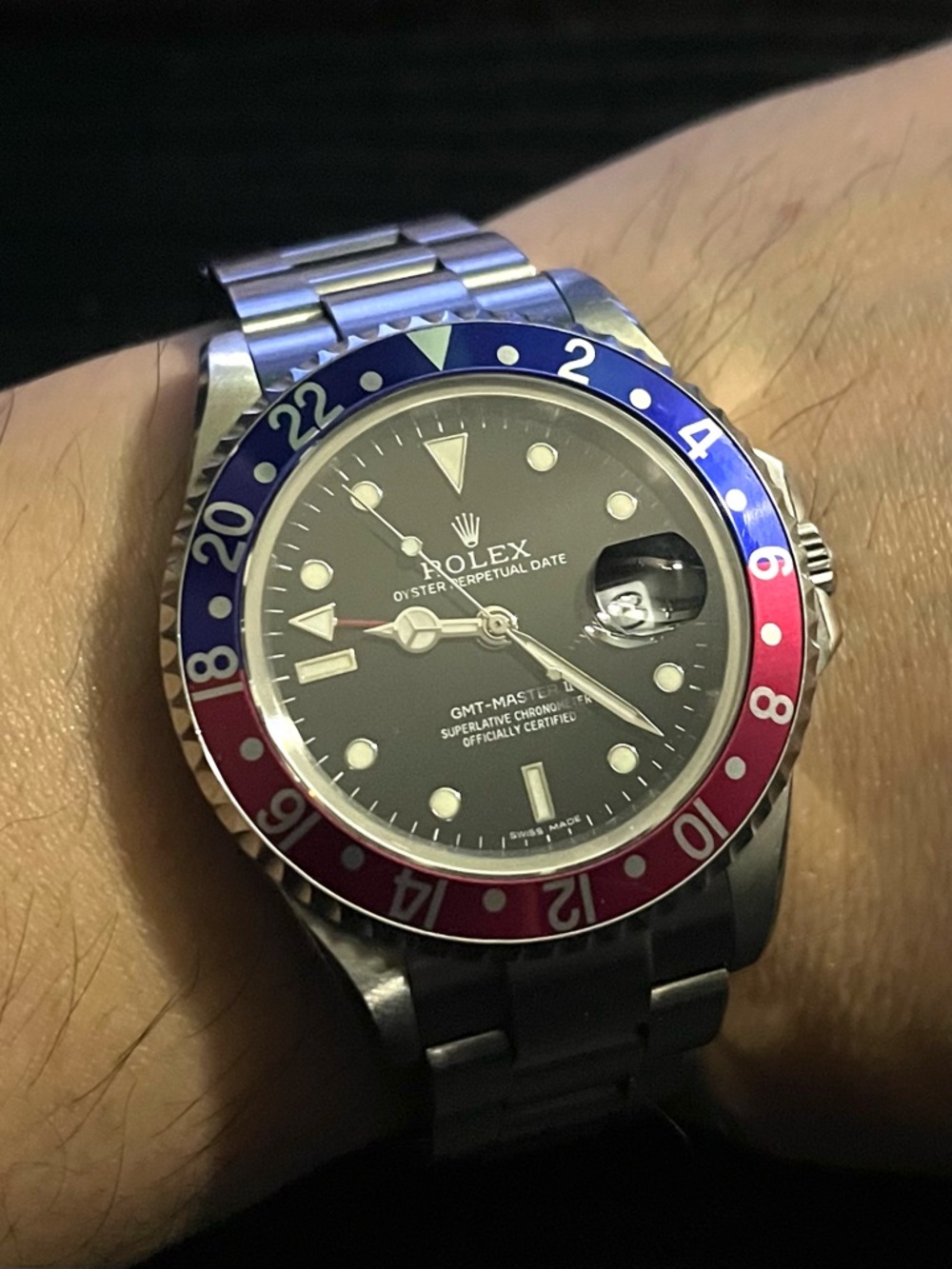 Rolex GMT-Master II Stainless Steel Watch with Blue and Red Bezel and Black Dial